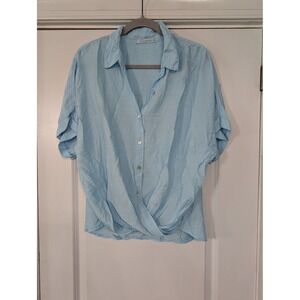 Cut Loose Womens Top XL Blue Short Sleeve Button Down‎ Twist Front Shirt